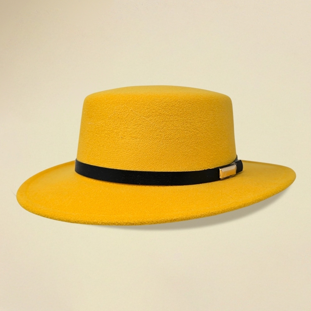 Yellow Faux Leather Wide Brim Felt Boater Hat Trendy Statement Accessory